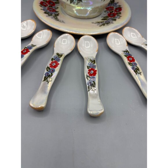 Vtg Honey Jar w‎ 6 Spoons Lustreware Iridescent Floral Ceramic - Picture 3 of 10
